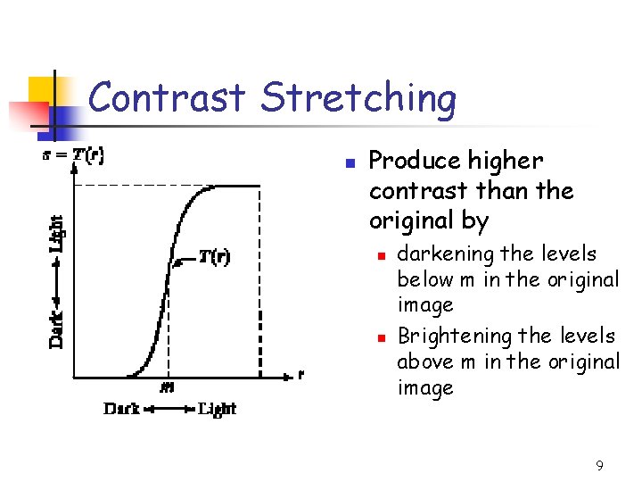 Contrast Stretching n Produce higher contrast than the original by n n darkening the