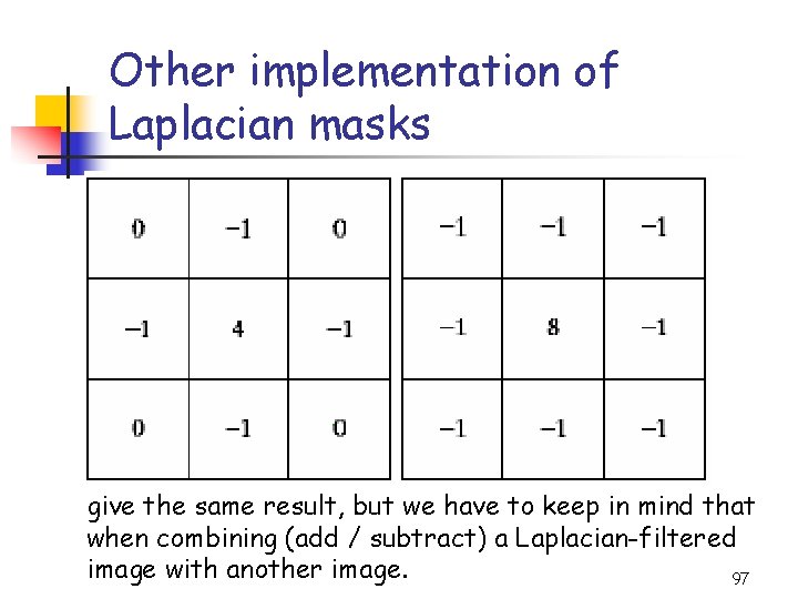 Other implementation of Laplacian masks give the same result, but we have to keep