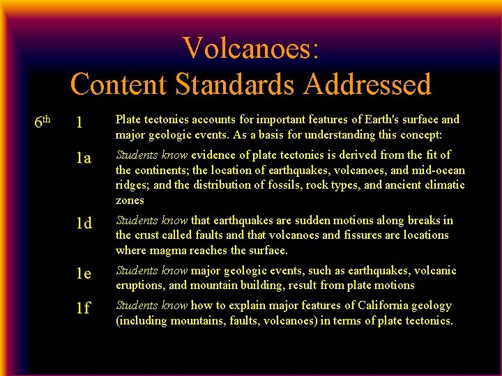 Volcanoes: Content Standards Addressed 6 th 1 Plate tectonics accounts for important features of