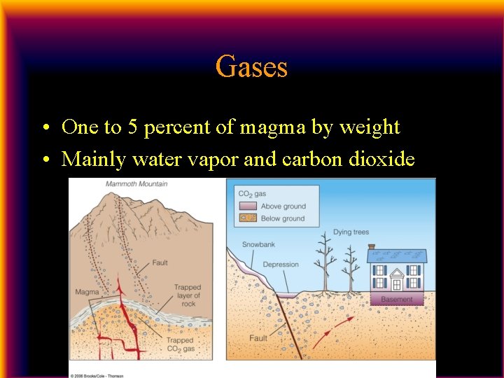 Gases • One to 5 percent of magma by weight • Mainly water vapor