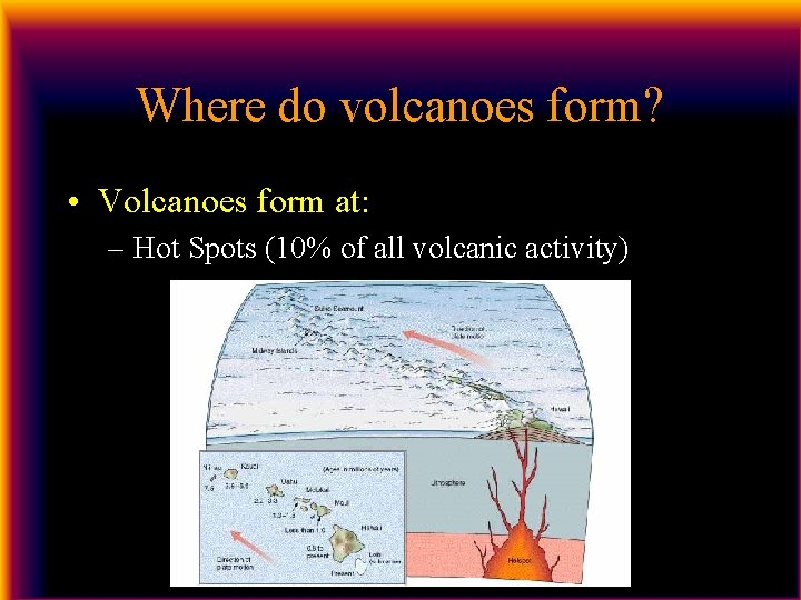 Where do volcanoes form? • Volcanoes form at: – Hot Spots (10% of all Where do volcanoes form? • Volcanoes form at: – Hot Spots (10% of all