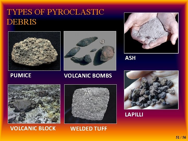 TYPES OF PYROCLASTIC DEBRIS ASH PUMICE VOLCANIC BOMBS LAPILLI VOLCANIC BLOCK WELDED TUFF 51