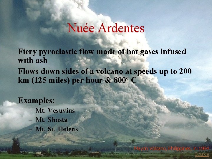 Nuée Ardentes Fiery pyroclastic flow made of hot gases infused with ash Flows down