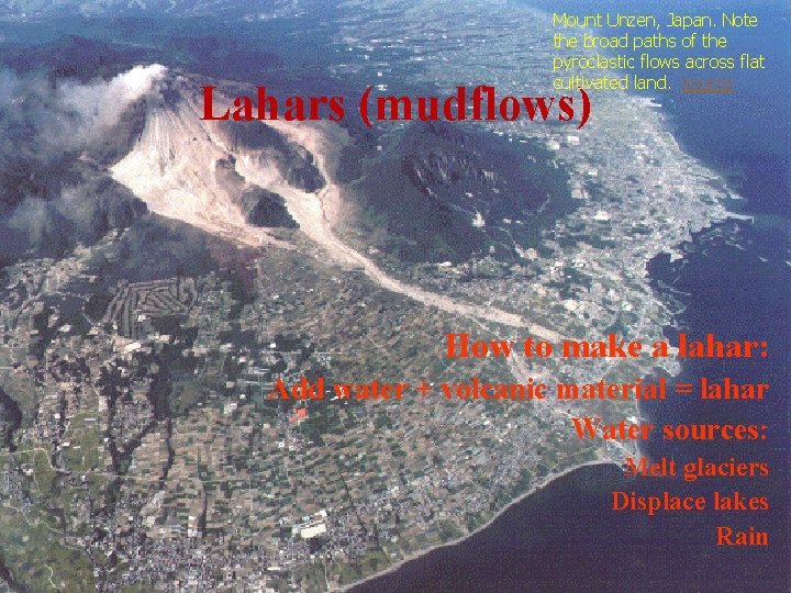 Mount Unzen, Japan. Note the broad paths of the pyroclastic flows across flat cultivated