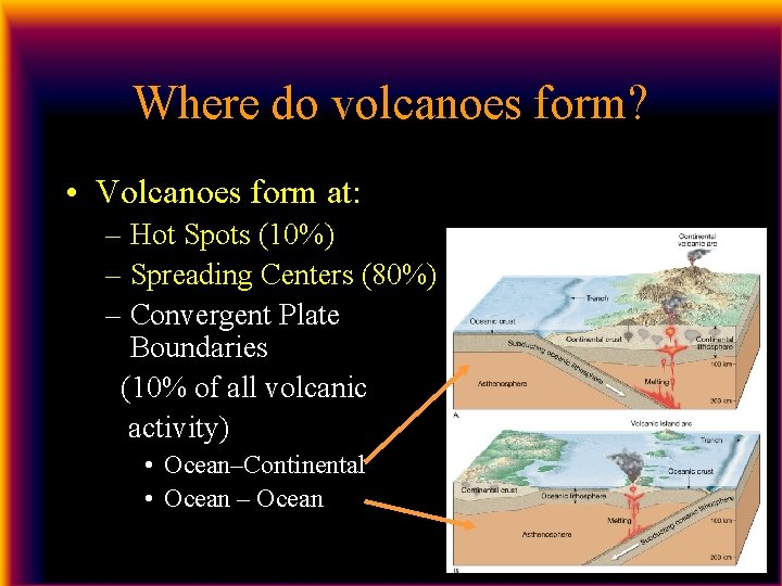 Where do volcanoes form? • Volcanoes form at: – Hot Spots (10%) – Spreading