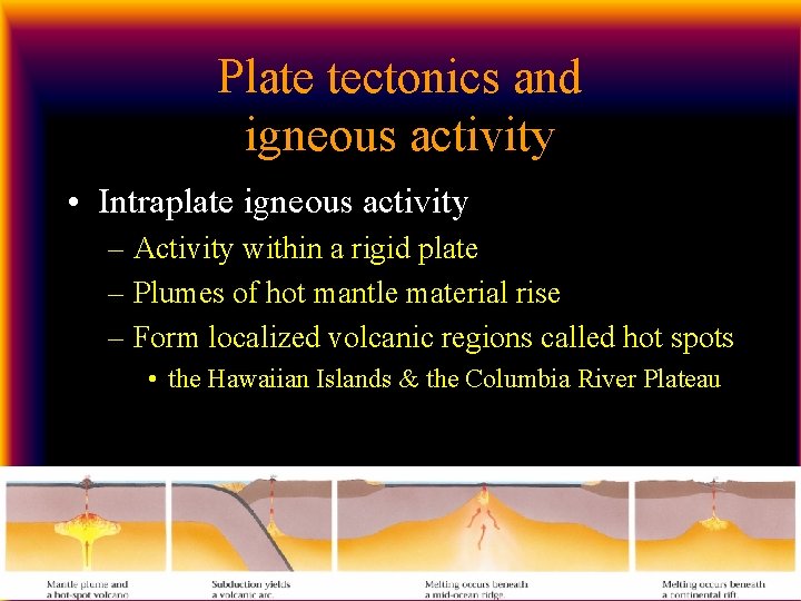 Plate tectonics and igneous activity • Intraplate igneous activity – Activity within a rigid