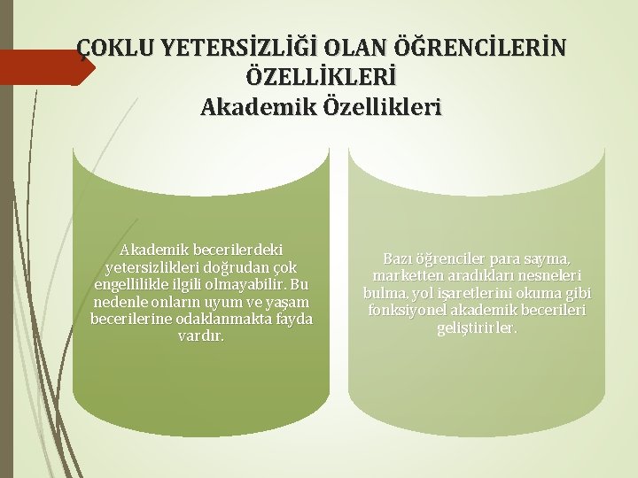 ÇOKLU YETERSİZLİĞİ OLAN ÖĞRENCİLERİN ÖZELLİKLERİ Akademik Özellikleri Akademik becerilerdeki yetersizlikleri doğrudan çok engellilikle ilgili