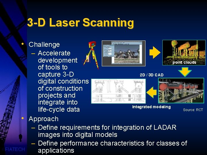 3 -D Laser Scanning • • FIATECH Challenge – Accelerate development point clouds of