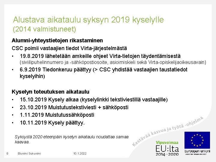 Alustava aikataulu syksyn 2019 kyselylle (2014 valmistuneet) Alumni-yhteystietojen rikastaminen CSC poimii vastaajien tiedot Virta-järjestelmästä