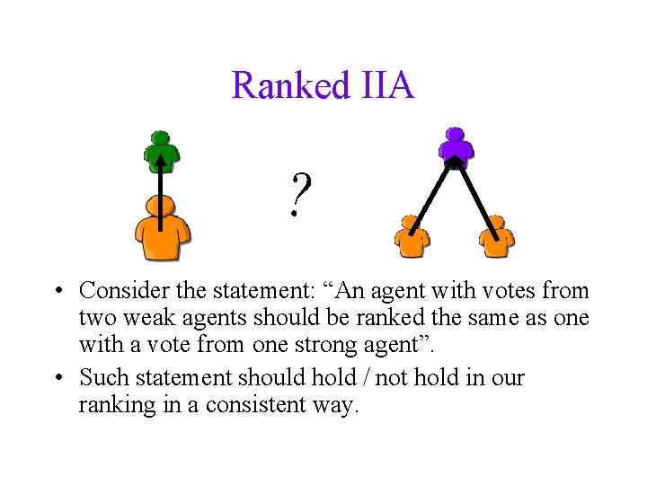 Ranked IIA • Consider the statement: “An agent with votes from two weak agents