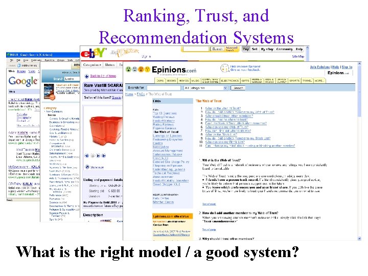 Ranking, Trust, and Recommendation Systems What is the right model / a good system?