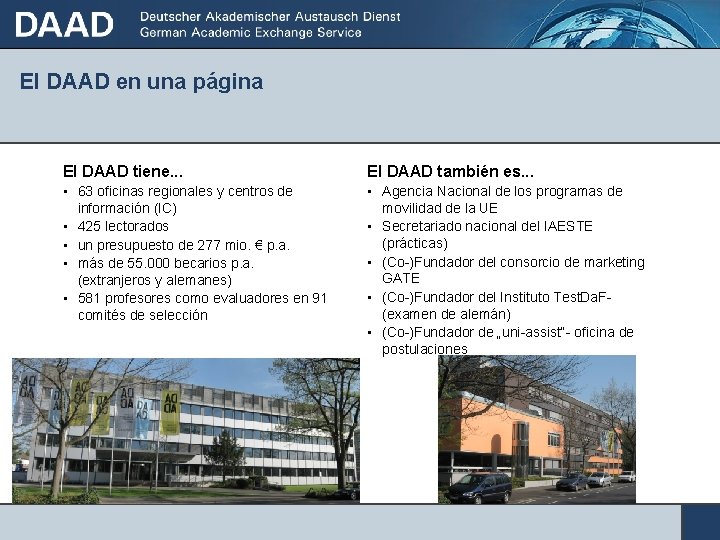 El DAAD en una página El DAAD tiene. . . El DAAD también es.