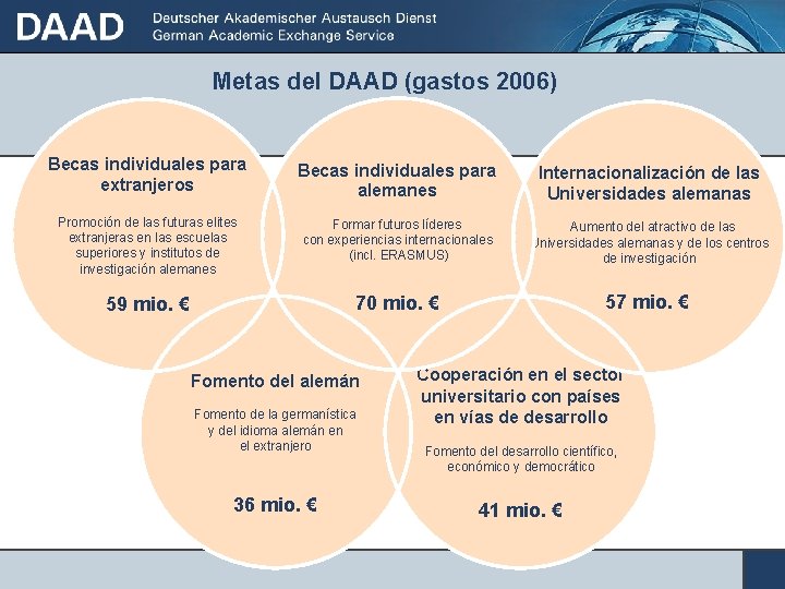 Metas del DAAD (gastos 2006) Becas individuales para extranjeros Becas individuales para alemanes Internacionalización