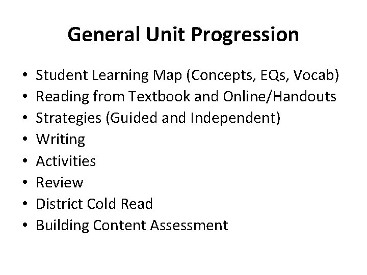 General Unit Progression • • Student Learning Map (Concepts, EQs, Vocab) Reading from Textbook