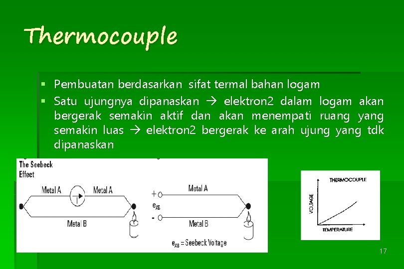 Thermocouple § Pembuatan berdasarkan sifat termal bahan logam § Satu ujungnya dipanaskan elektron 2