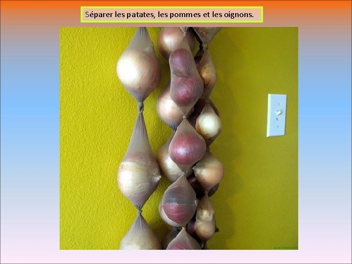 Séparer les patates, les pommes et les oignons. 