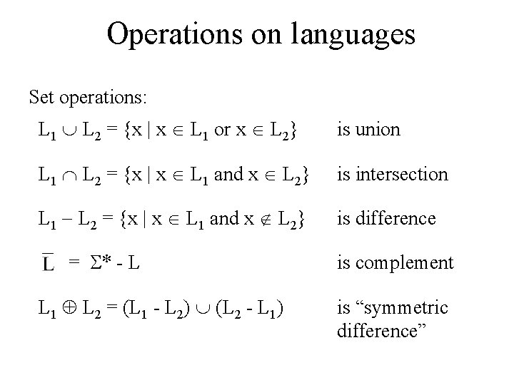 Operations on languages Set operations: L 1 L 2 = {x | x L