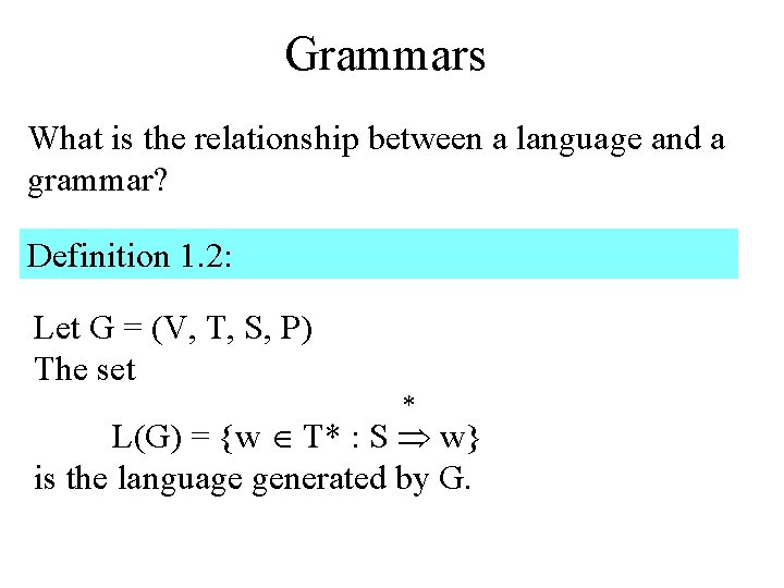 Grammars What is the relationship between a language and a grammar? Definition 1. 2: