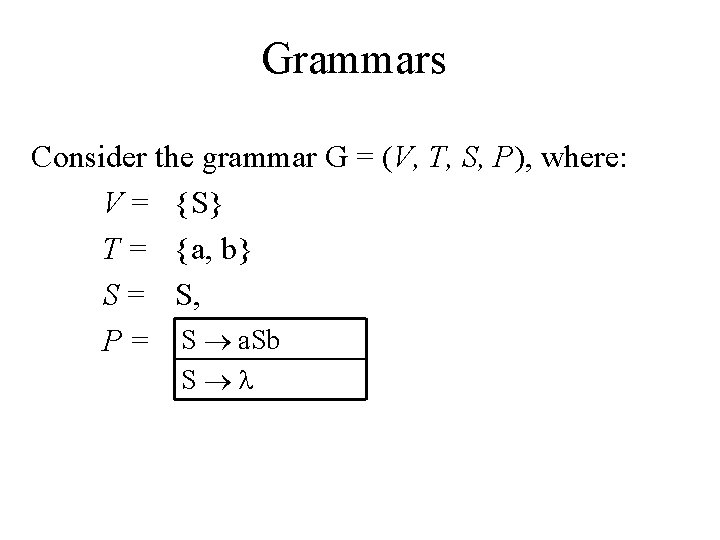 Grammars Consider the grammar G = (V, T, S, P), where: V = {S}