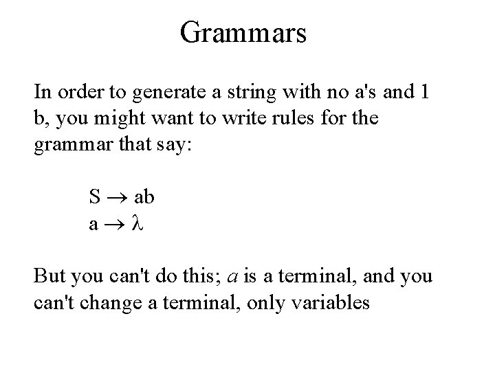 Grammars In order to generate a string with no a's and 1 b, you