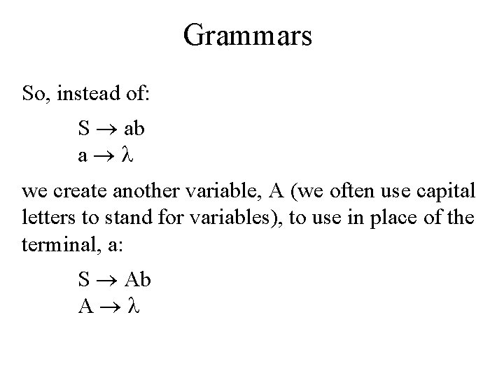 Grammars So, instead of: S ab a we create another variable, A (we often