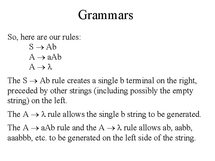 Grammars So, here are our rules: S Ab A a. Ab A The S