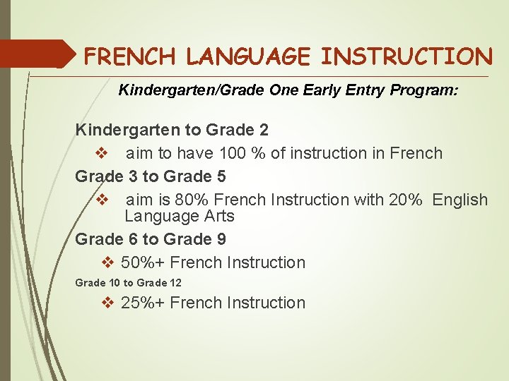 FRENCH LANGUAGE INSTRUCTION Kindergarten/Grade One Early Entry Program: Kindergarten to Grade 2 v aim