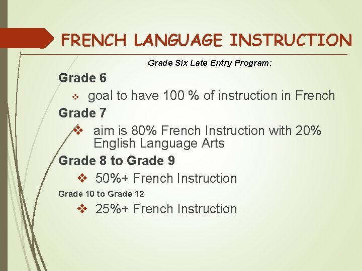 FRENCH LANGUAGE INSTRUCTION Grade Six Late Entry Program: Grade 6 v goal to have