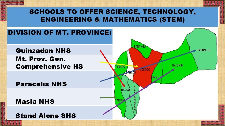 SCHOOLS TO OFFER SCIENCE, TECHNOLOGY, ENGINEERING & MATHEMATICS (STEM) DIVISION OF MT. PROVINCE: Guinzadan