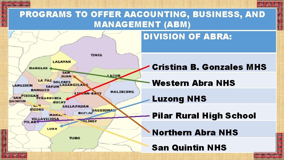 PROGRAMS TO OFFER AACOUNTING, BUSINESS, AND MANAGEMENT (ABM) DIVISION OF ABRA: Cristina B. Gonzales