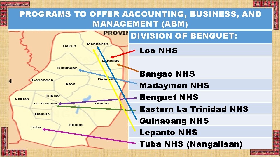 PROGRAMS TO OFFER AACOUNTING, BUSINESS, AND MANAGEMENT (ABM) DIVISION OF BENGUET: Loo NHS Bangao