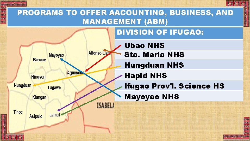 PROGRAMS TO OFFER AACOUNTING, BUSINESS, AND MANAGEMENT (ABM) DIVISION OF IFUGAO: Ubao NHS Sta.