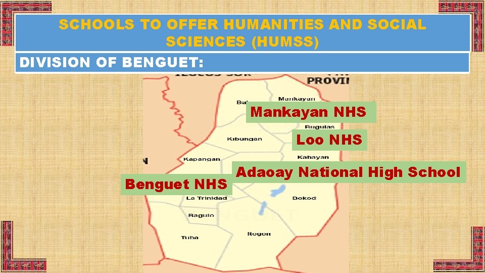 SCHOOLS TO OFFER HUMANITIES AND SOCIAL SCIENCES (HUMSS) DIVISION OF BENGUET: Mankayan NHS Loo
