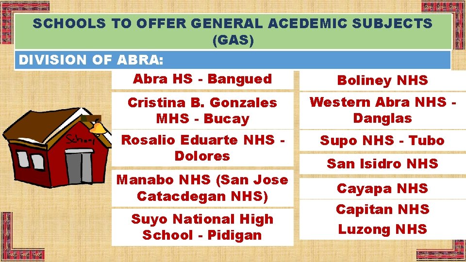 SCHOOLS TO OFFER GENERAL ACEDEMIC SUBJECTS (GAS) DIVISION OF ABRA: Abra HS - Bangued