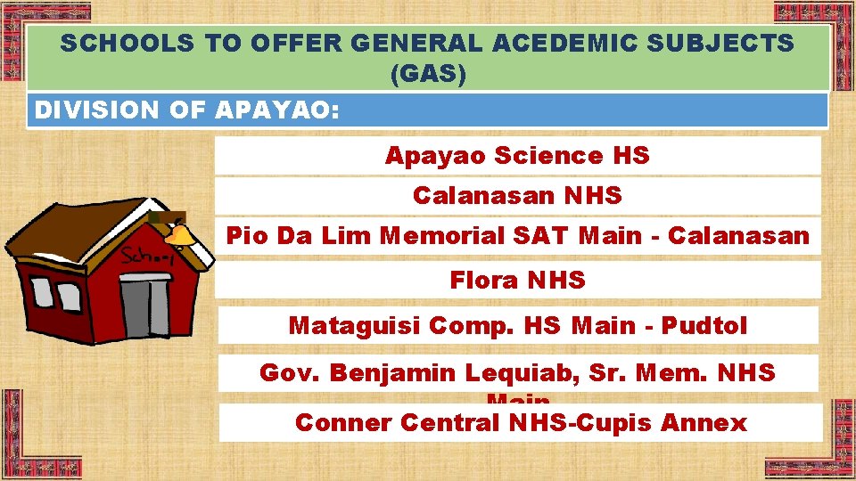 SCHOOLS TO OFFER GENERAL ACEDEMIC SUBJECTS (GAS) DIVISION OF APAYAO: Apayao Science HS Calanasan