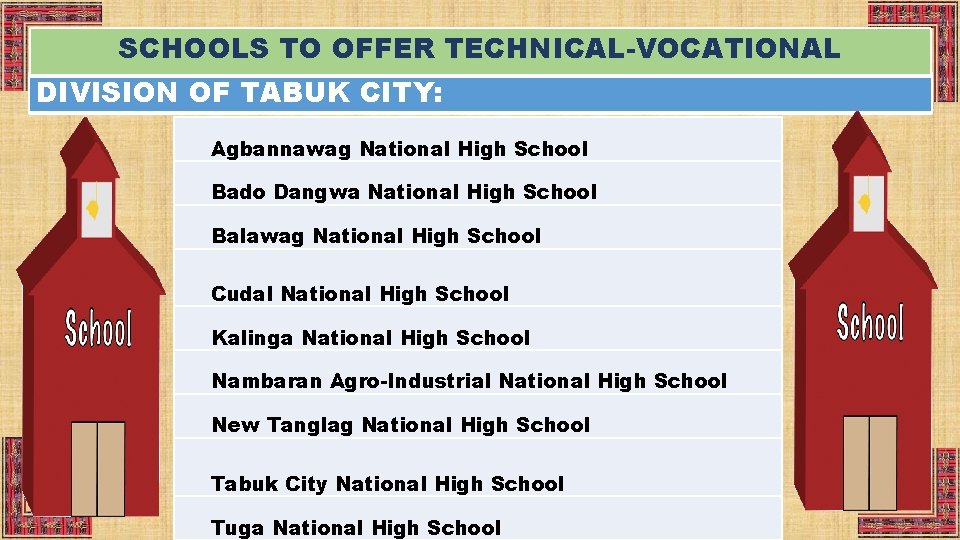 SCHOOLS TO OFFER TECHNICAL-VOCATIONAL DIVISION OF TABUK CITY: Agbannawag National High School Bado Dangwa