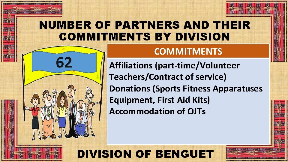 NUMBER OF PARTNERS AND THEIR COMMITMENTS BY DIVISION 62 COMMITMENTS Affiliations (part-time/Volunteer Teachers/Contract of