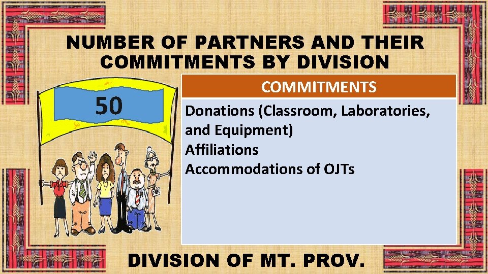 NUMBER OF PARTNERS AND THEIR COMMITMENTS BY DIVISION 50 COMMITMENTS Donations (Classroom, Laboratories, and