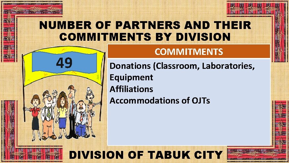 NUMBER OF PARTNERS AND THEIR COMMITMENTS BY DIVISION 49 COMMITMENTS Donations (Classroom, Laboratories, Equipment