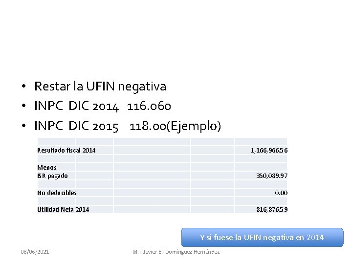  • Restar la UFIN negativa • INPC DIC 2014 116. 060 • INPC