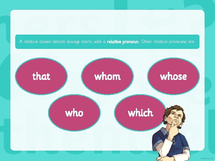 A relative clause almost always starts with a relative pronoun. Other relative pronouns are: A relative clause almost always starts with a relative pronoun. Other relative pronouns are: