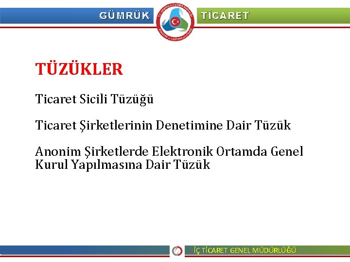 GÜMRÜK TİCARET TÜZÜKLER Ticaret Sicili Tüzüğü Ticaret Şirketlerinin Denetimine Dair Tüzük Anonim Şirketlerde Elektronik