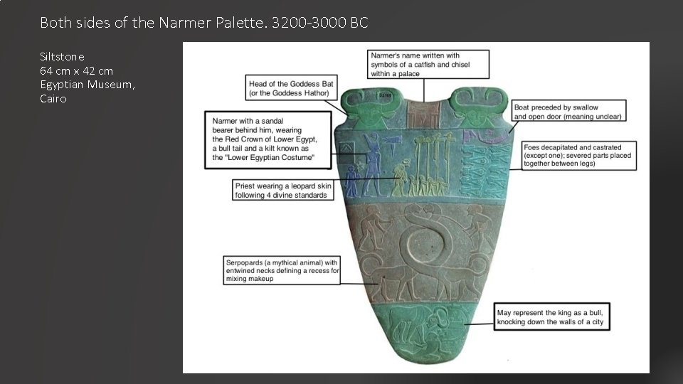Both sides of the Narmer Palette. 3200 -3000 BC Siltstone 64 cm x 42