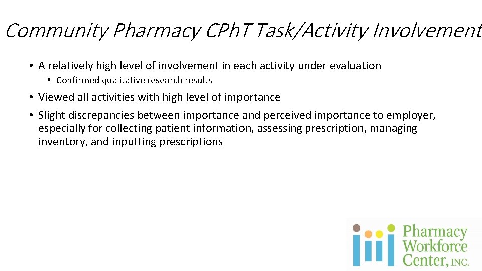 Community Pharmacy CPh. T Task/Activity Involvement • A relatively high level of involvement in