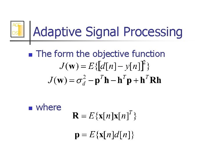 AGC Adaptive Signal Processing DSP n The form the objective function n where 