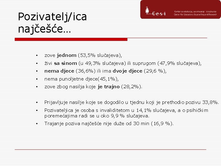 Pozivatelj/ica najčešće… • zove jednom (53, 5% slučajeva), • živi sa sinom (u 49,