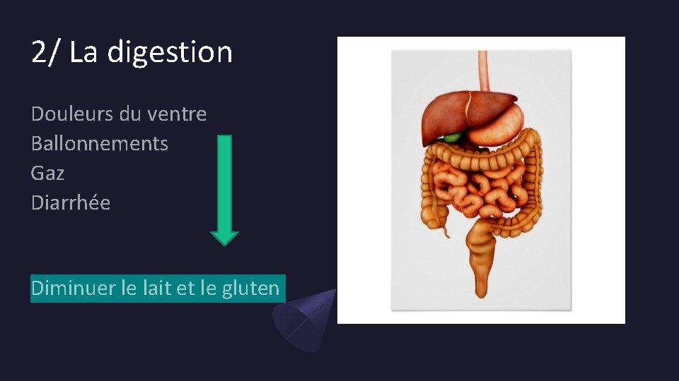 2/ La digestion Douleurs du ventre Ballonnements Gaz Diarrhée Diminuer le lait et le