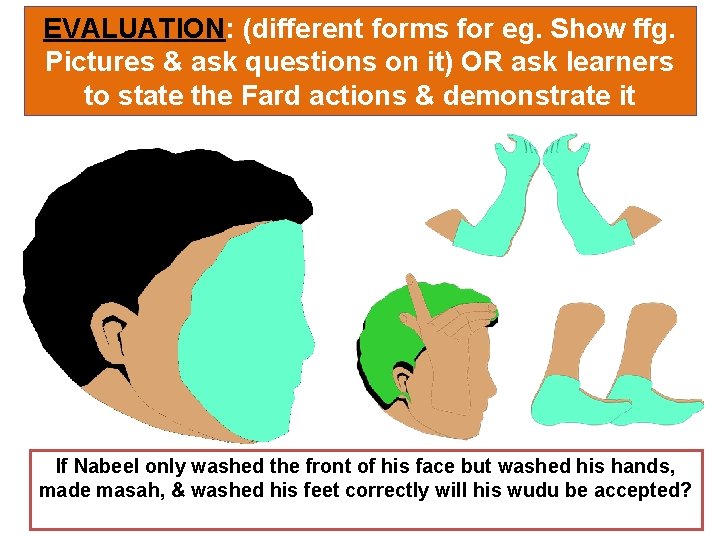 EVALUATION: (different forms for eg. Show ffg. Pictures & ask questions on it) OR