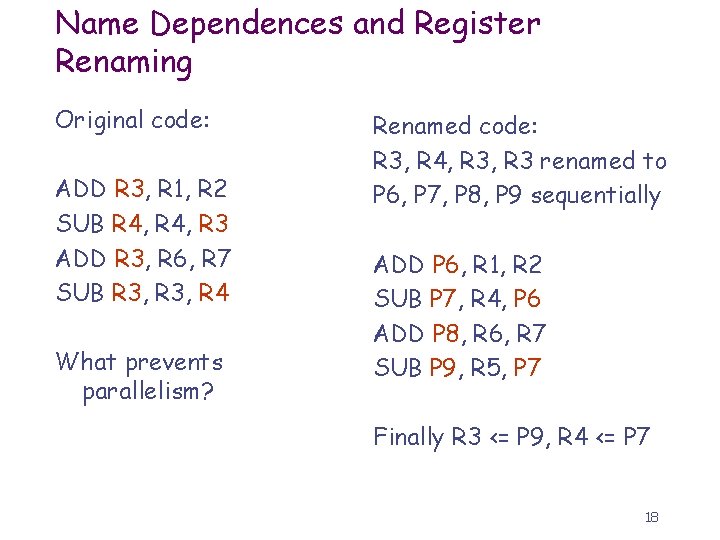 Name Dependences and Register Renaming Original code: ADD R 3, R 1, R 2
