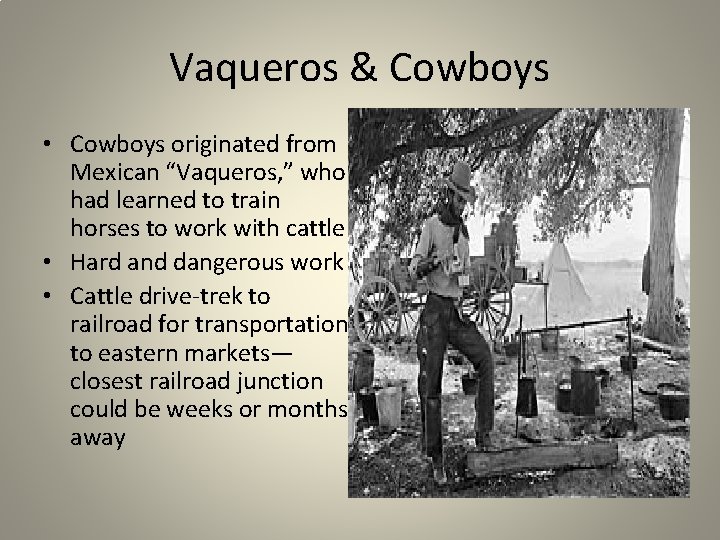 Vaqueros & Cowboys • Cowboys originated from Mexican “Vaqueros, ” who had learned to